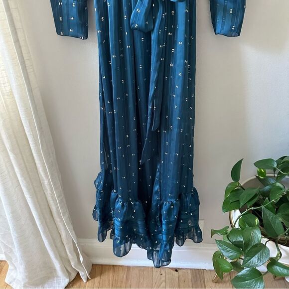 Misa Los Angeles Blue Ruffle Maxi Faux Wrap Long Sleeve V Neck Semi Sheer Dress - Picture 6 of 8